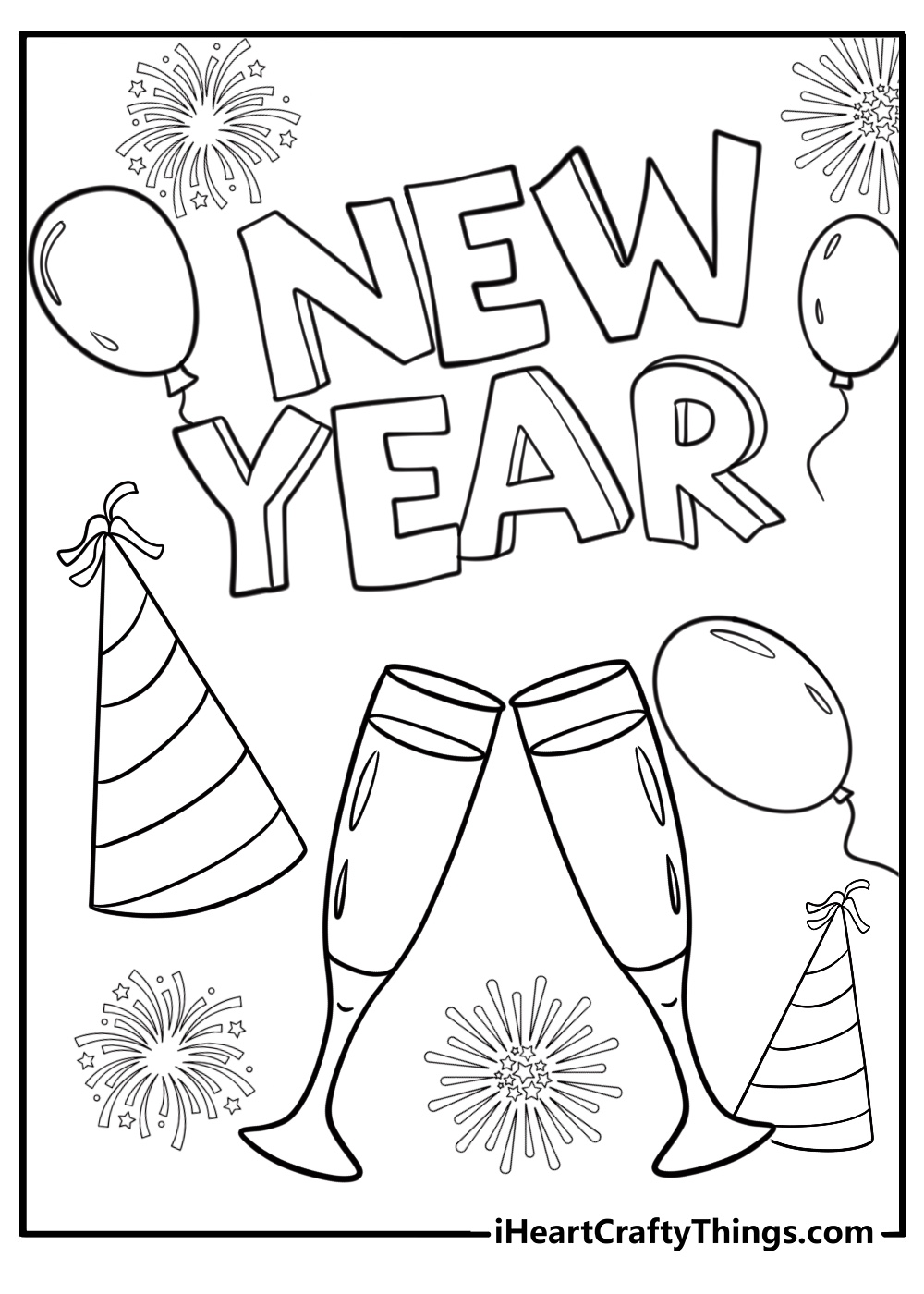 New year party with hats and balloons fun coloring sheet