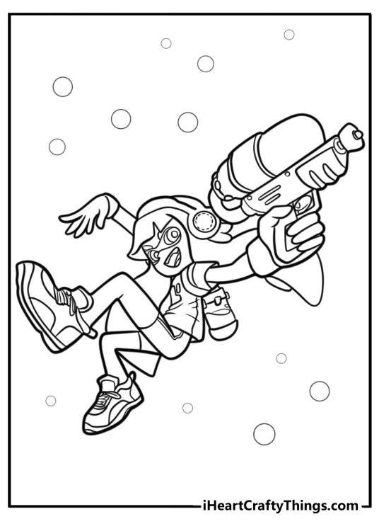 Octoling character aiming ink weapon detailed coloring sheet