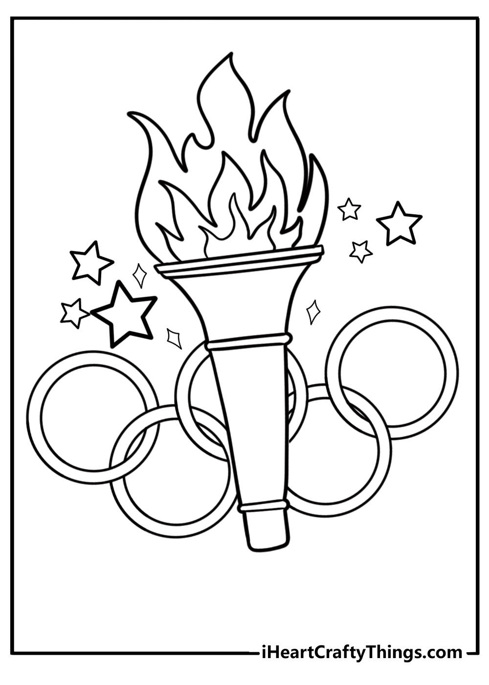 Olympic rings with a torch free printable coloring page