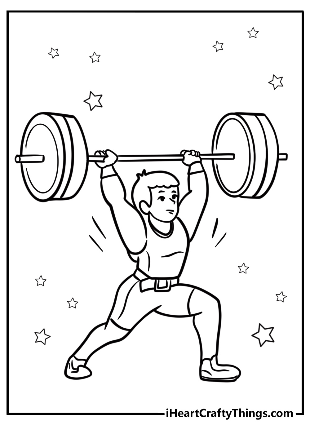 Olympic weightlifter lifting gold medal barbell fun coloring sheet