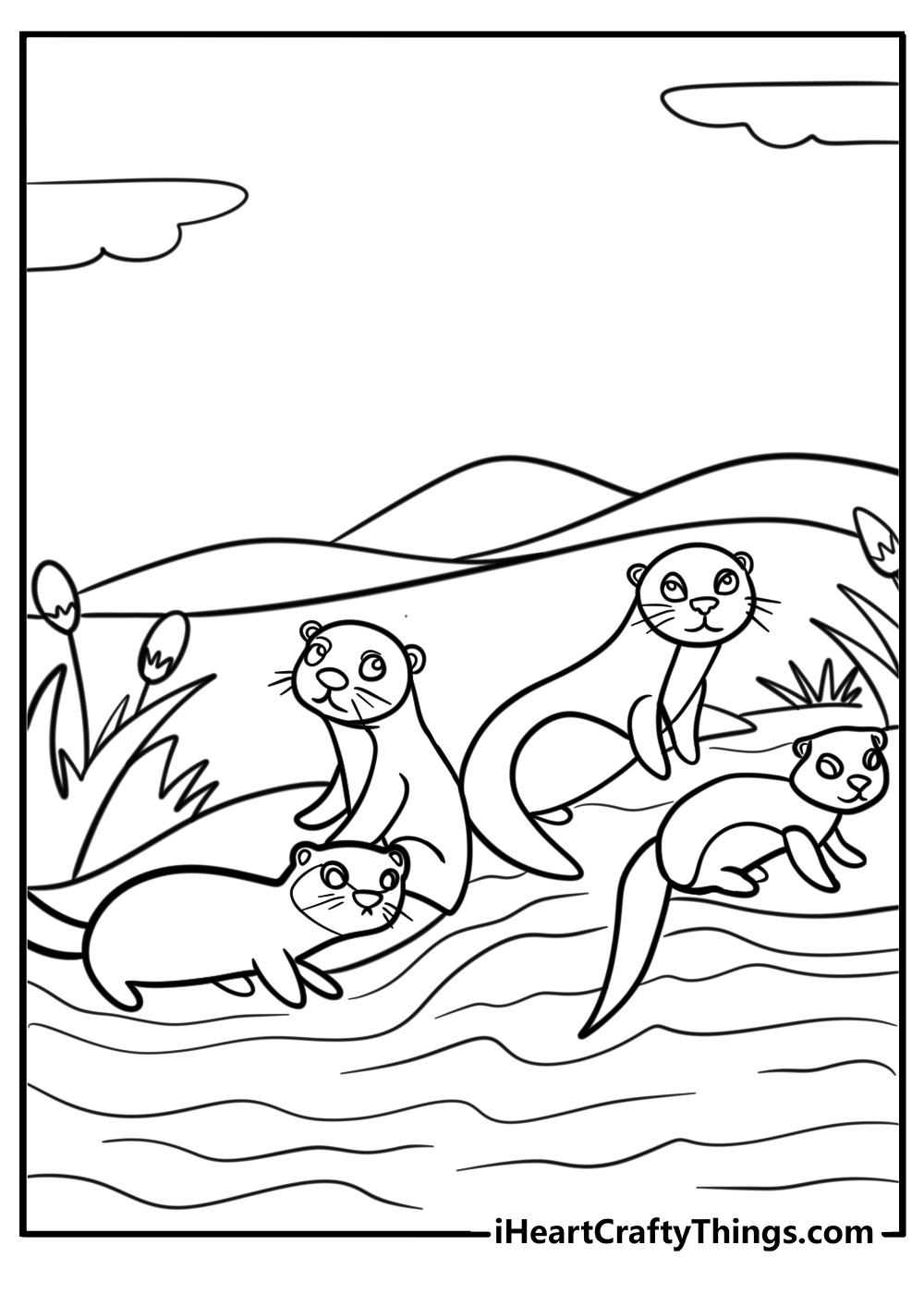 Otter family in the river detailed coloring sheet