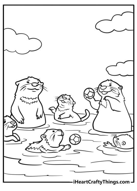 Otter family playing in the water free coloring page pdf