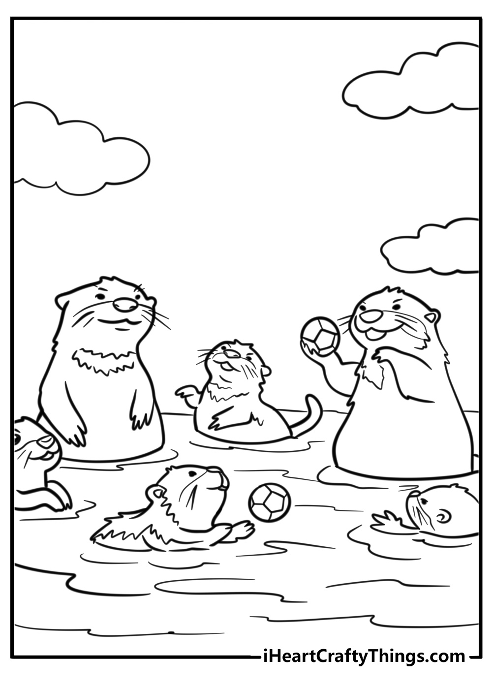 Otter family playing in the water free coloring page pdf