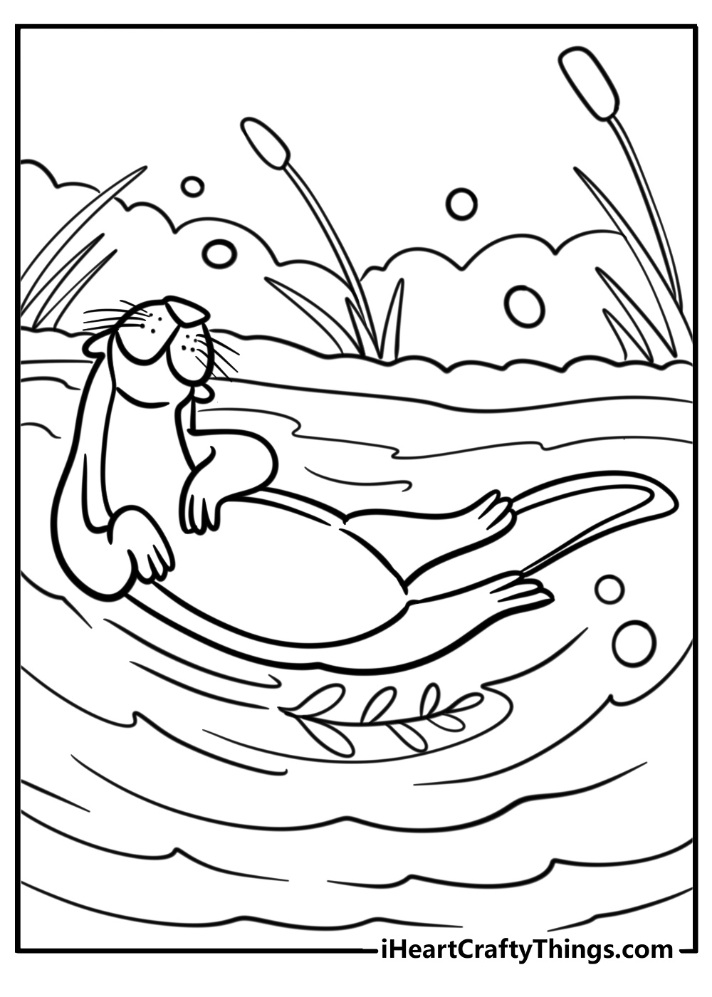 Otter floating in a peaceful stream fun coloring sheet for kids