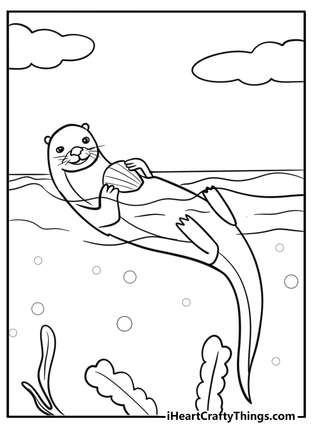 Otter holding a seashell printable coloring page