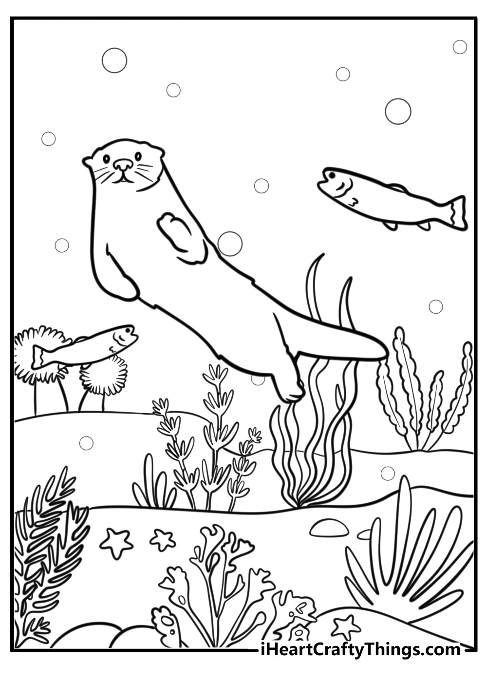 Otter in a river with fish detailed coloring sheet