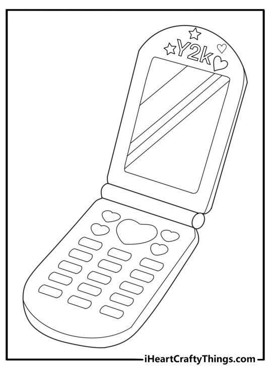 pastel flip phone with sticker icons stars and hearts preppy y2k coloring sheet for kids and adults