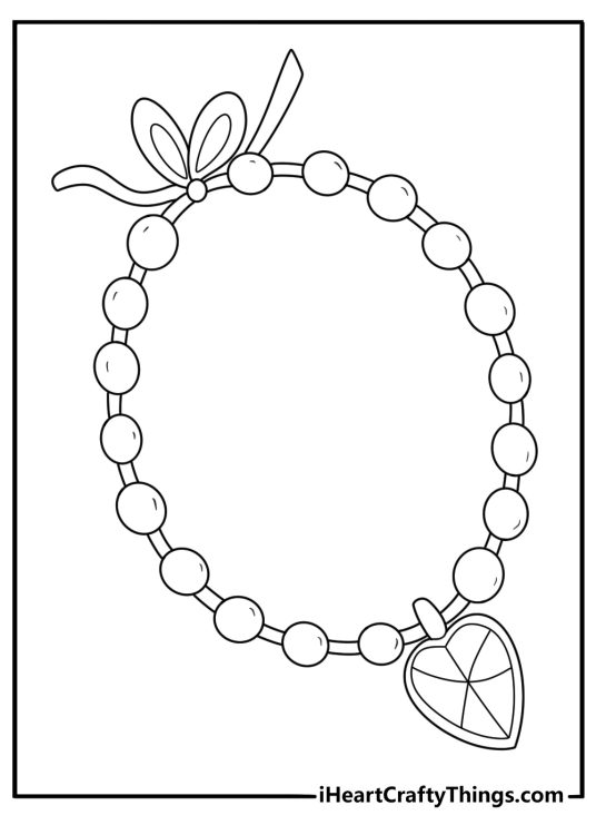 pearl necklace with bow and heart locket on checkerboard preppy printable coloring page