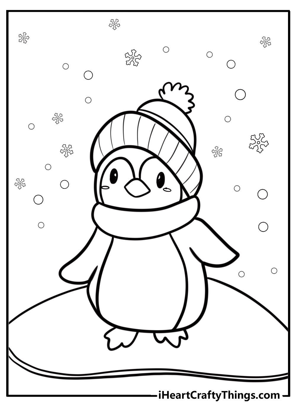 Penguin wearing a scarf on ice fun coloring sheet