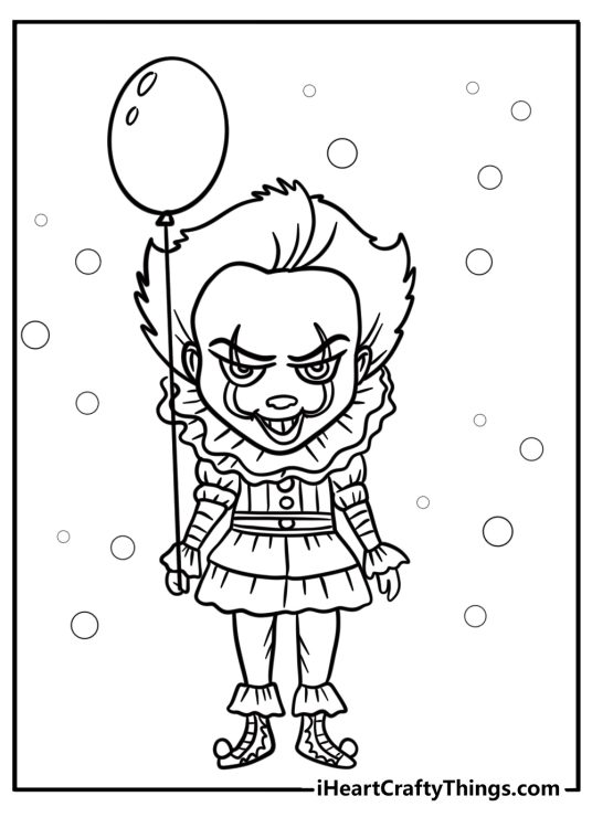 Pennywise and a floating balloon free coloring page pdf