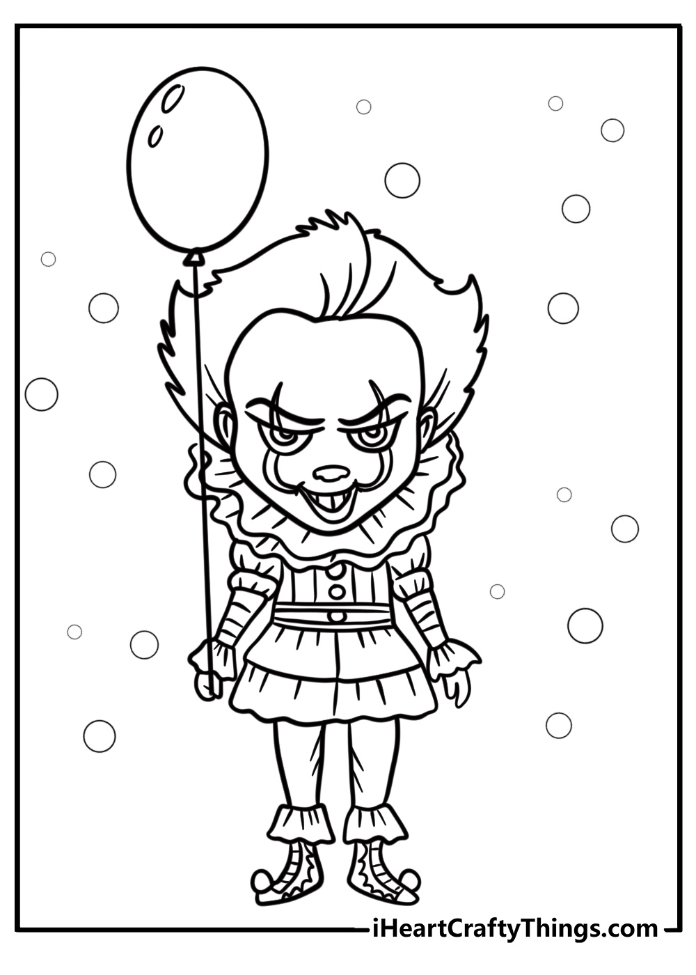 Pennywise and a floating balloon free coloring page pdf