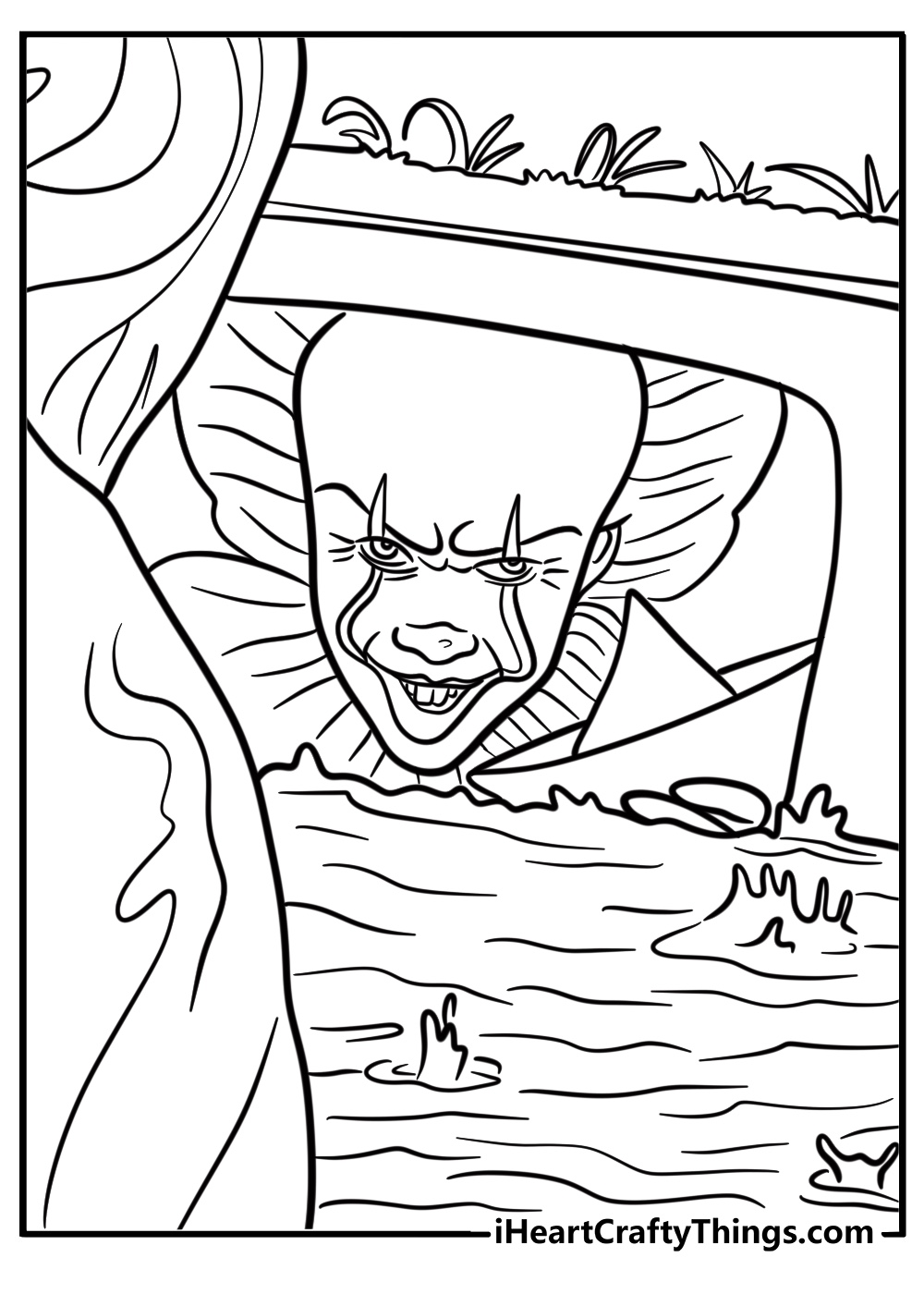 Pennywise in a spooky drain scene fun coloring sheet