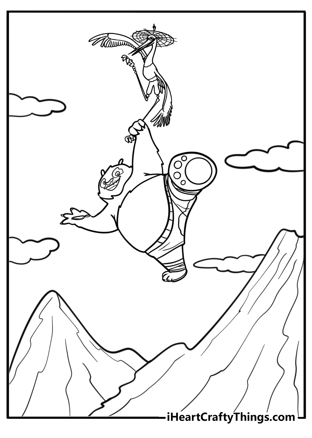 Po and crane flying over the mountains printable coloring page