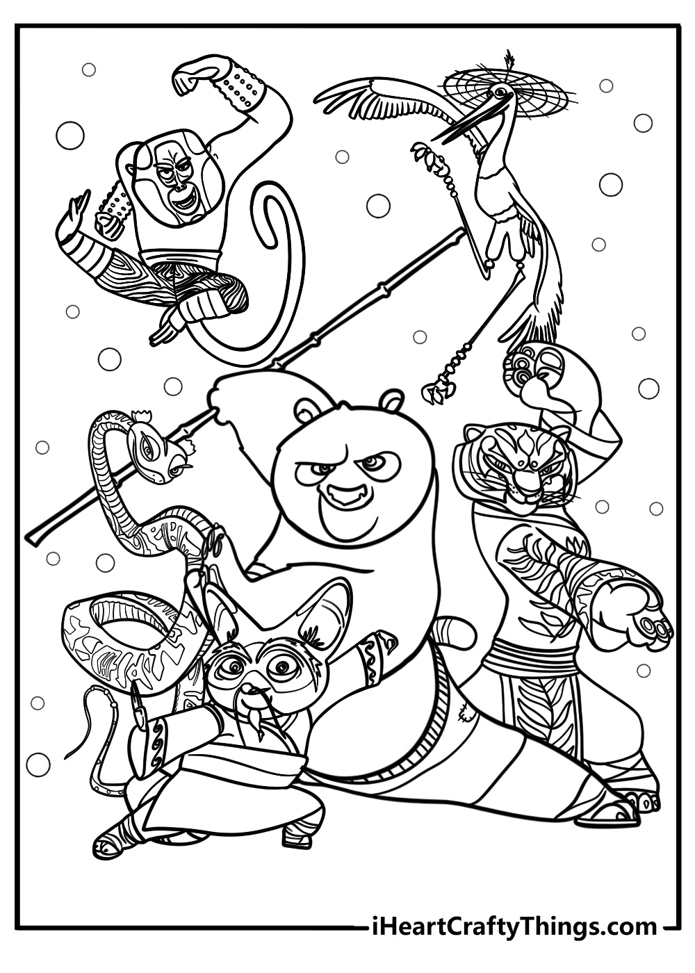 Po and his friends ready to save the day coloring page