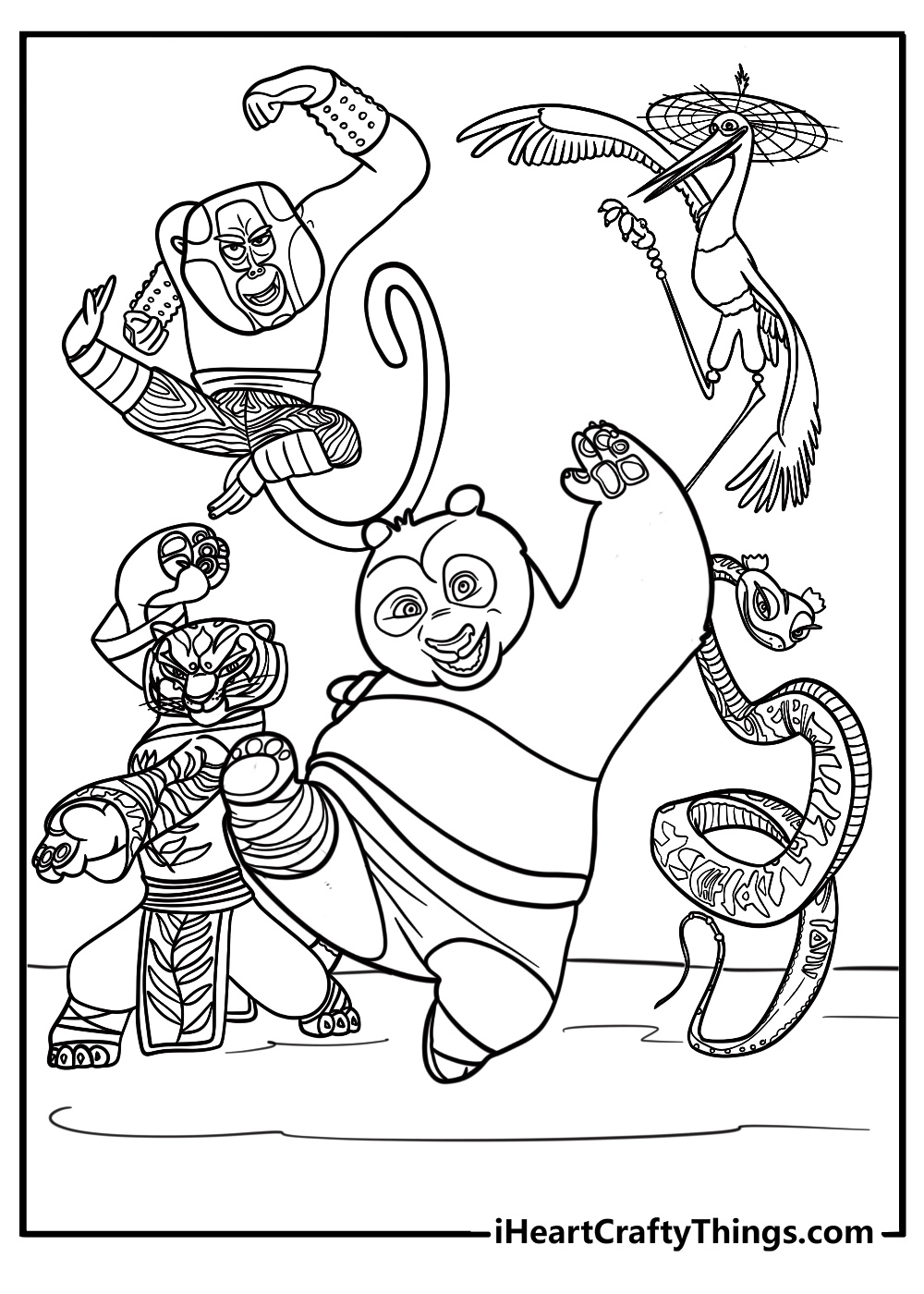 Po and his kung fu team posing free coloring page pdf