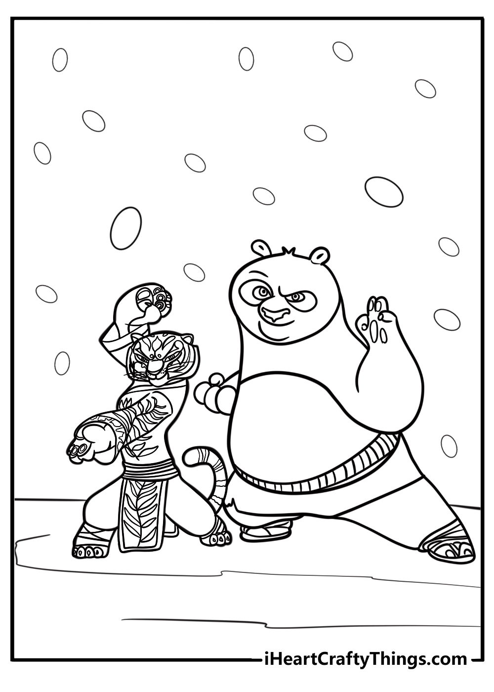 Po and tigress fighting bad guys coloring page