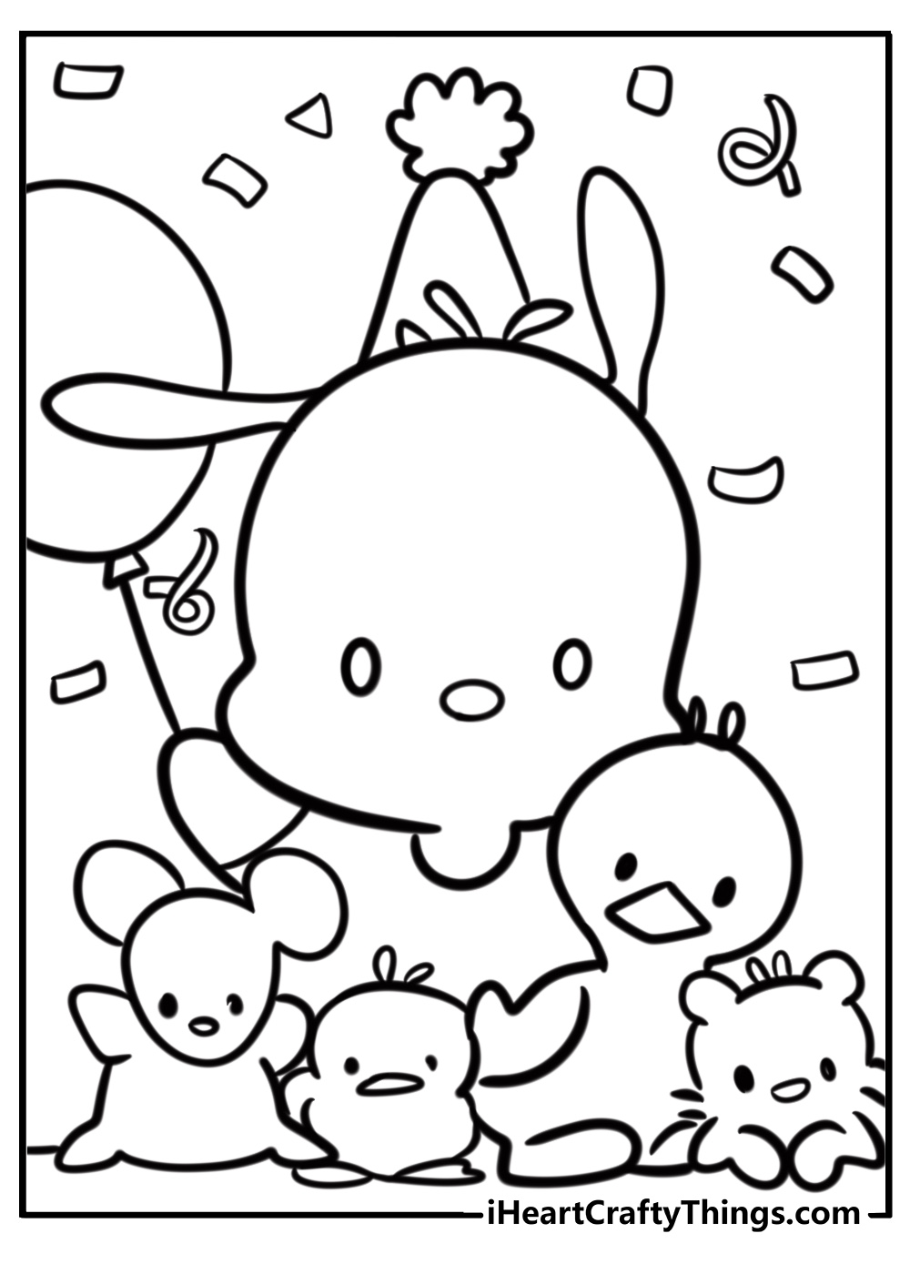 Pochacco and his friends celebrating free coloring page pdf