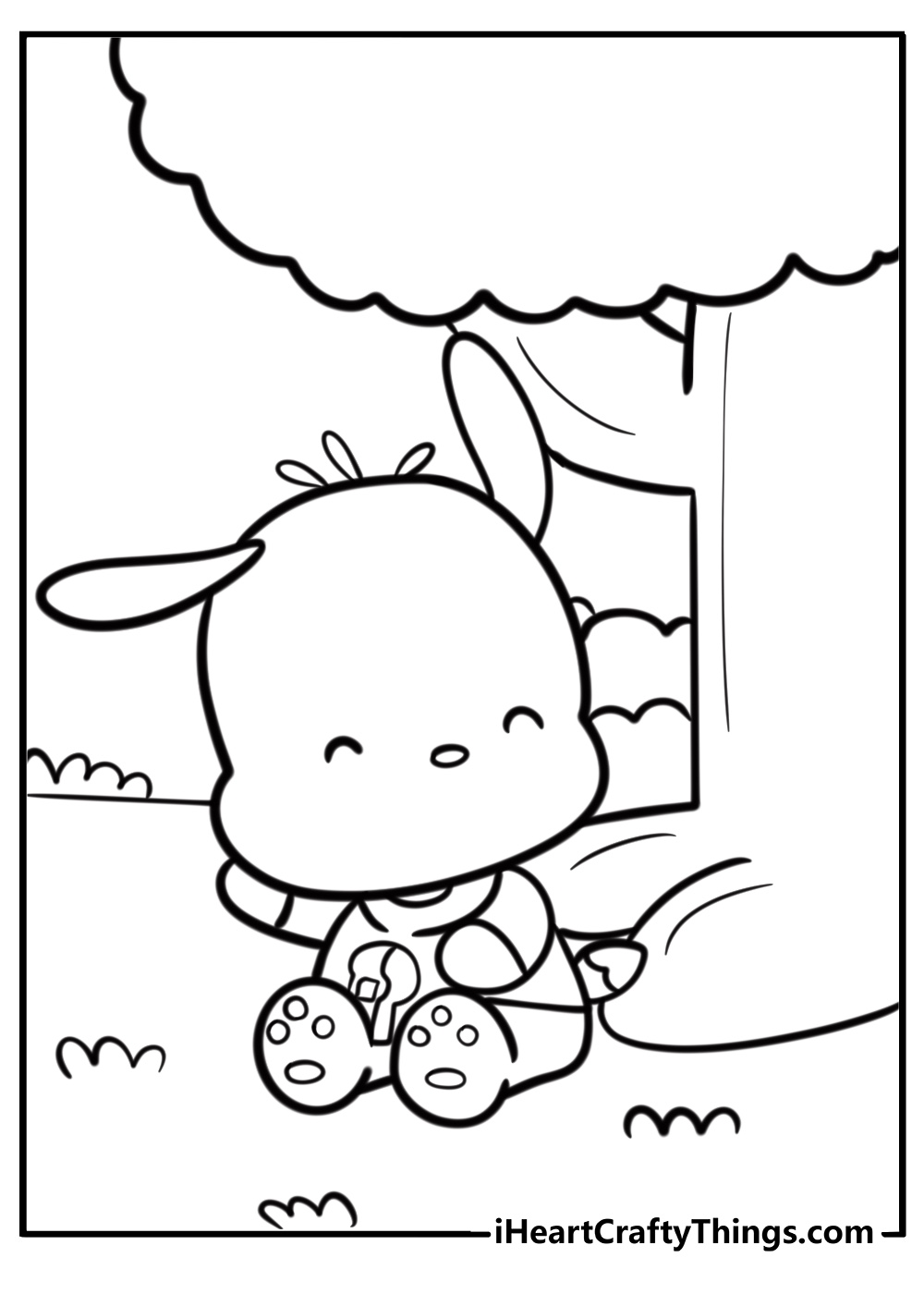 Pochacco sitting under a tree free printable coloring page