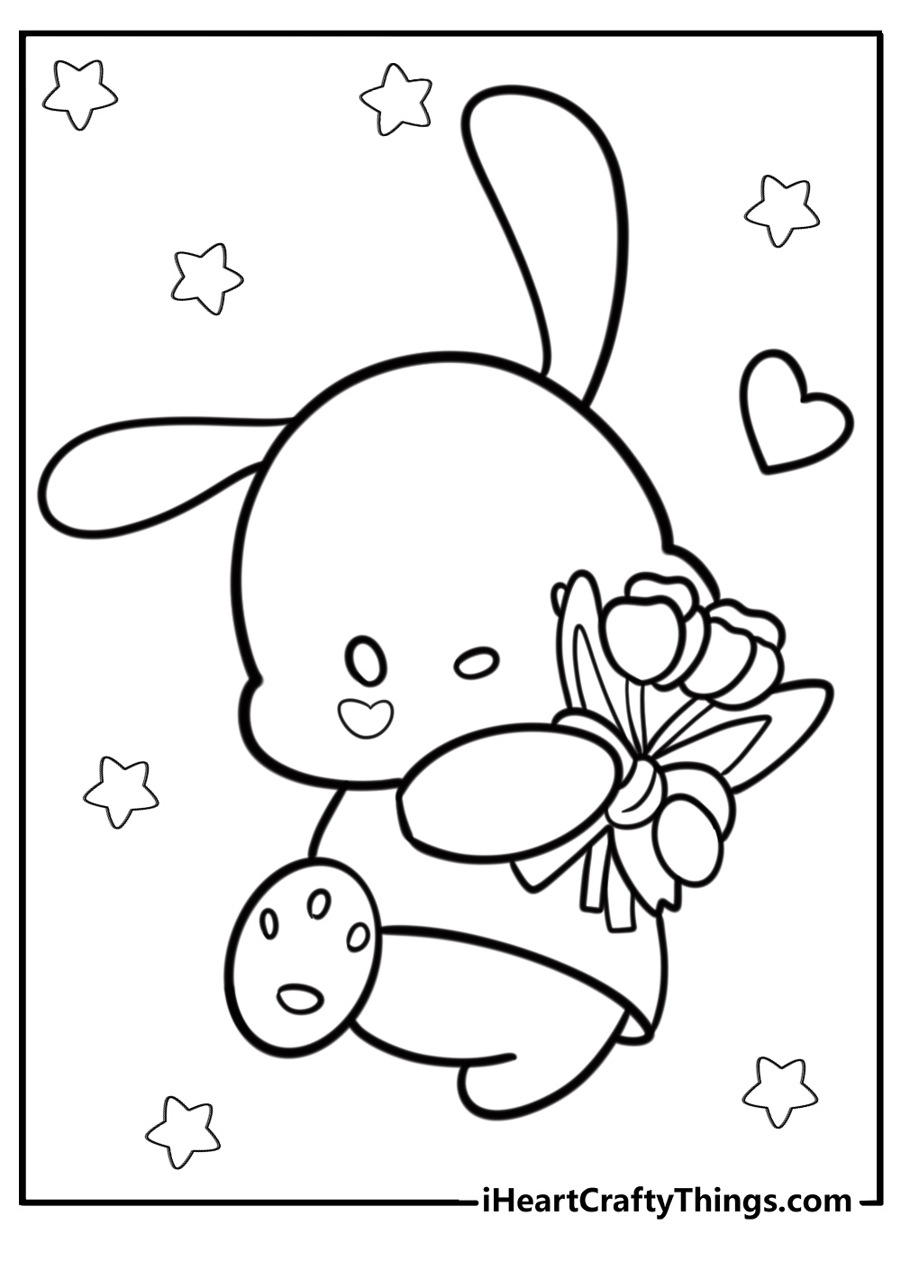 Pochacco sitting with a flower coloring sheet