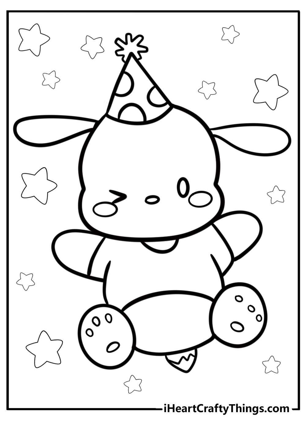 Pochacco wearing a party hat detailed coloring sheet