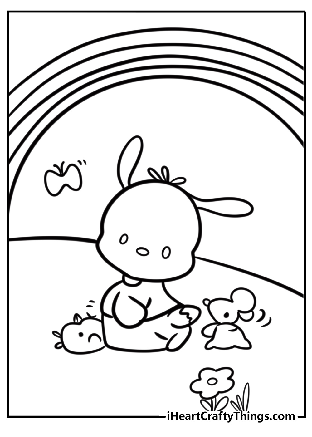 Pochacco with a rainbow in the background coloring page