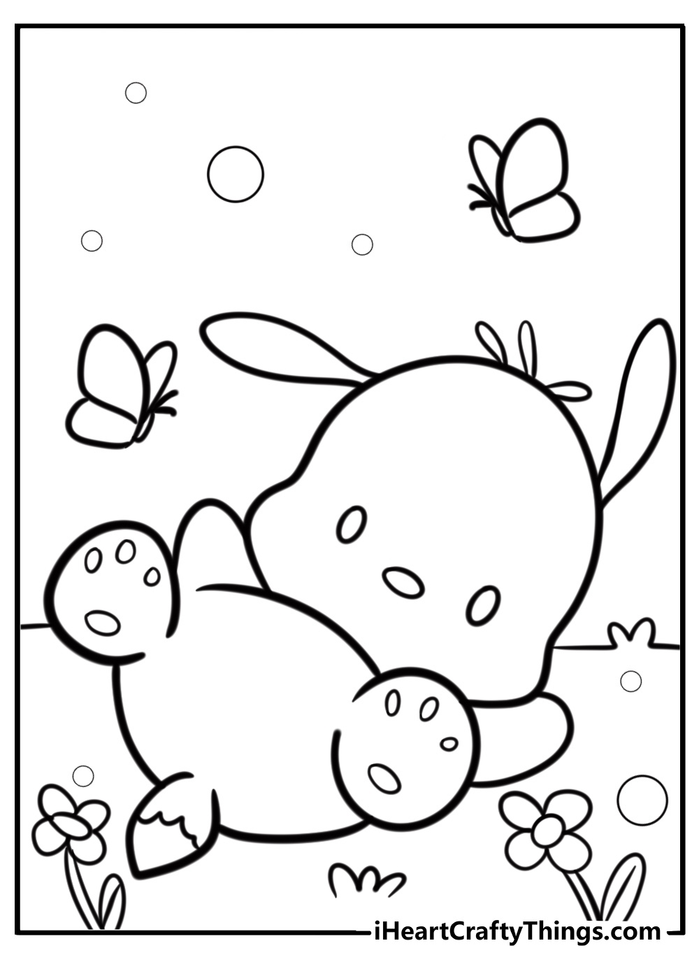 Pochacco with flowers and butterflies fun coloring sheet