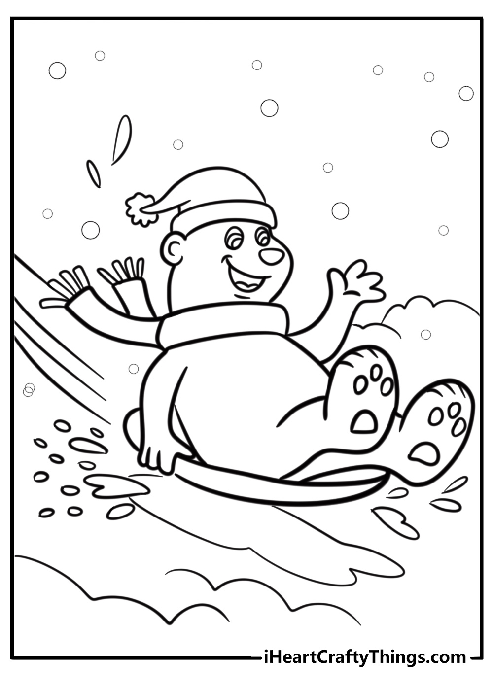 Polar bear playing in the snow printable winter coloring page