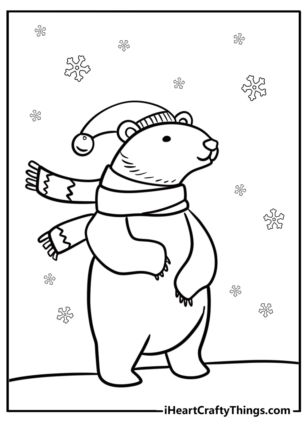 Polar bear wearing a winter hat detailed coloring sheet