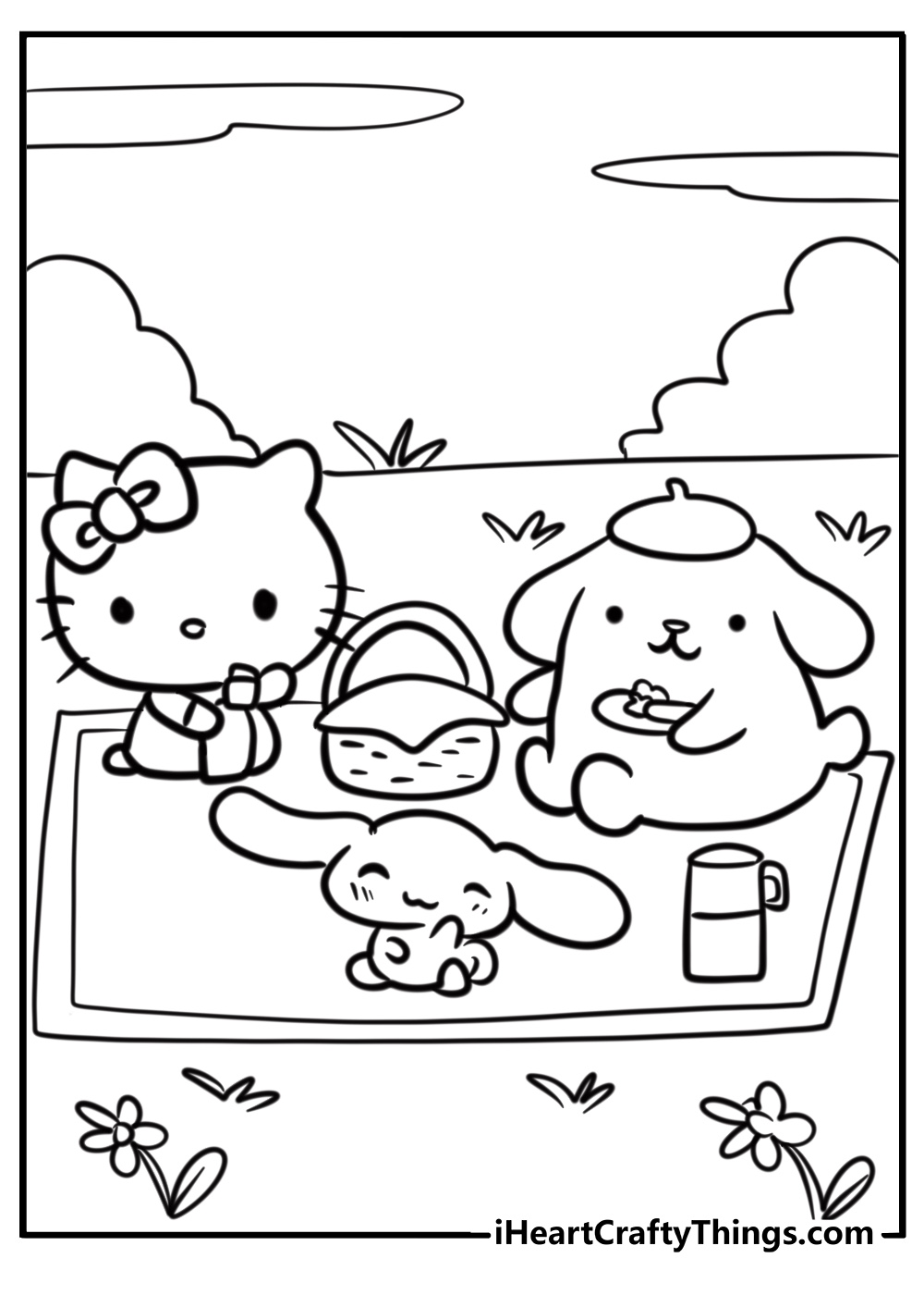 Pompompurin and friends having a picnic coloring sheet