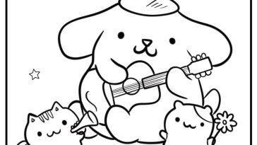 Pompompurin and friends playing together printable coloring sheet