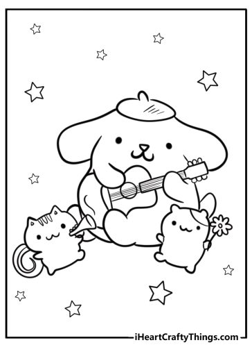 Pompompurin and friends playing together printable coloring sheet