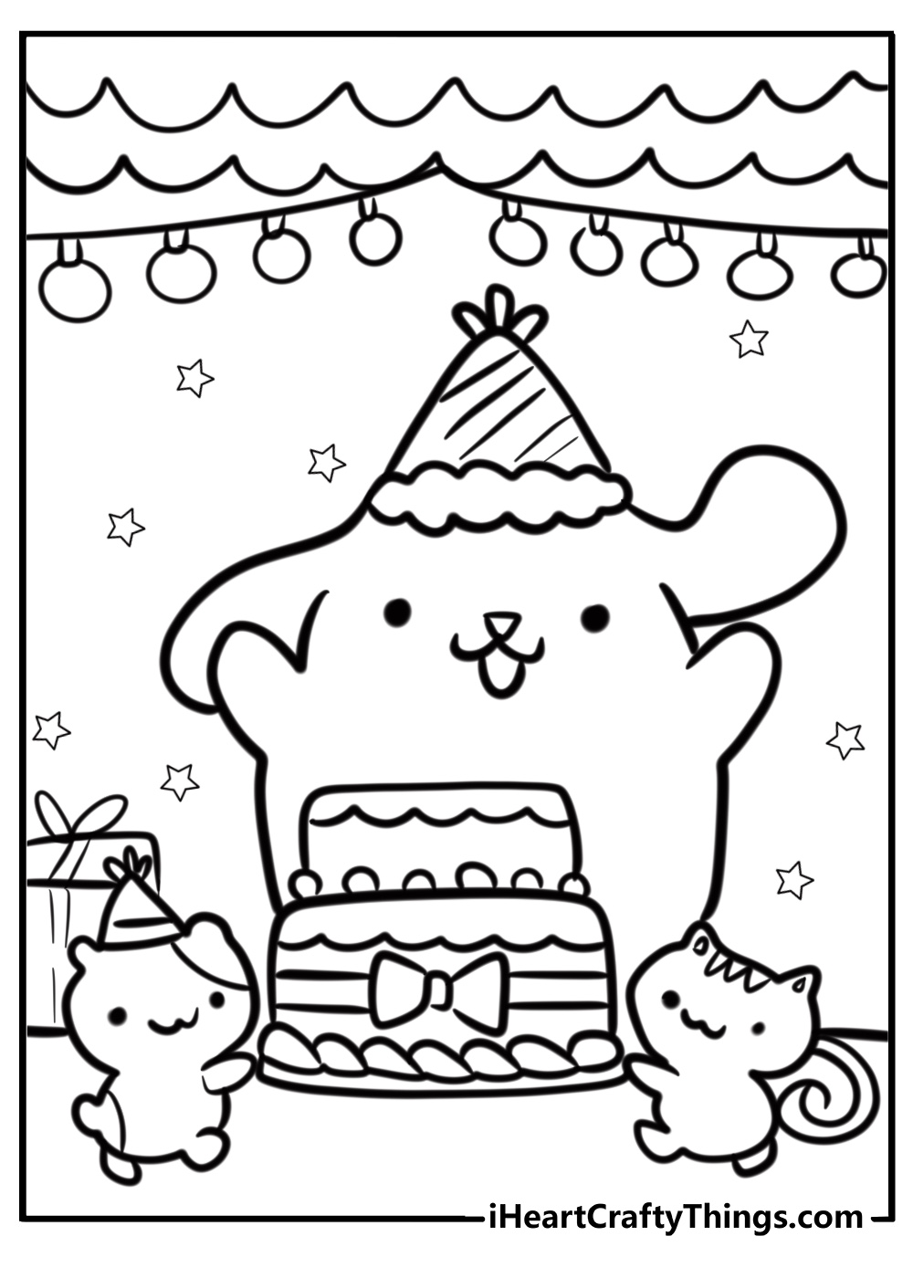 Pompompurin in a party scene printable coloring sheet