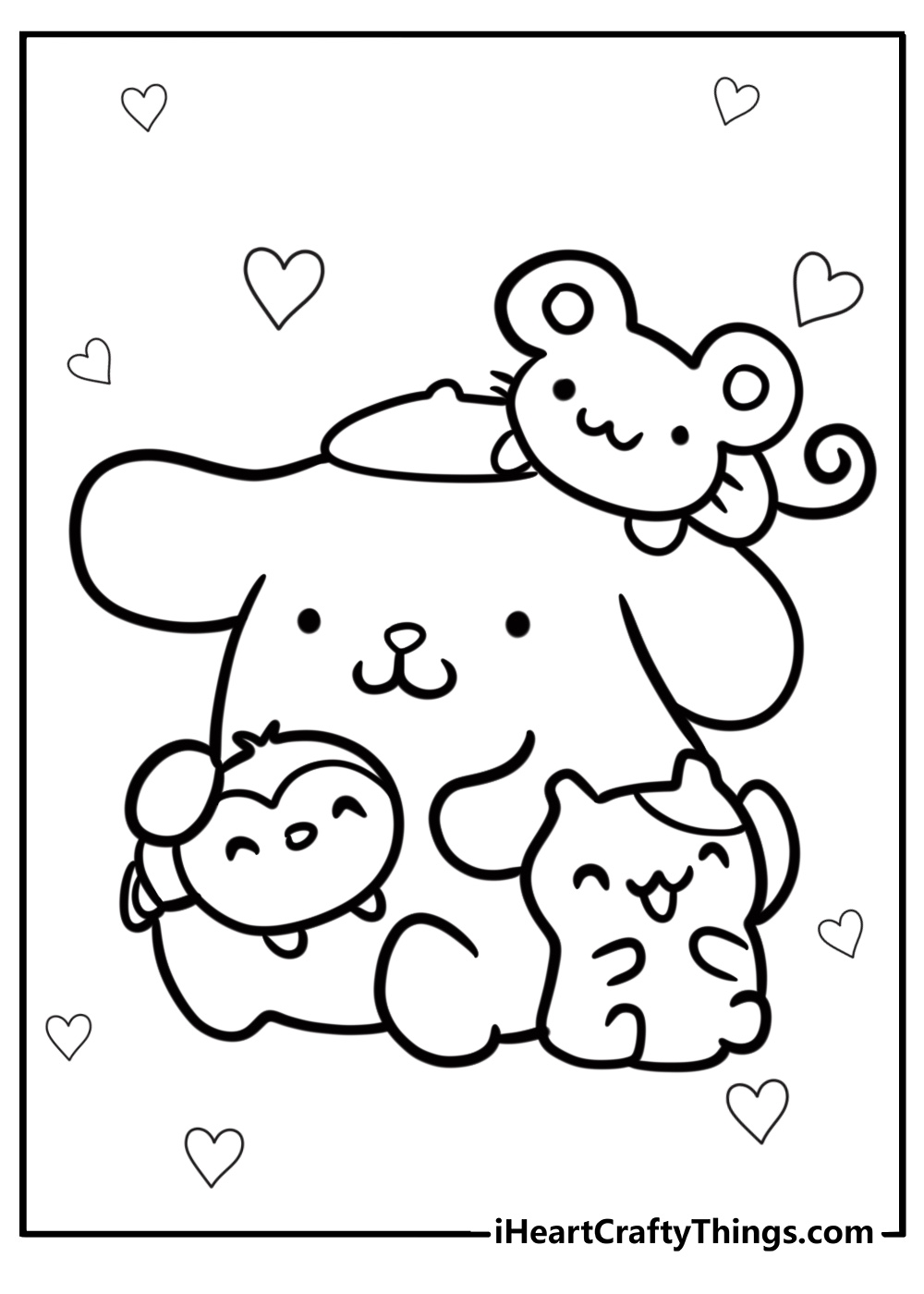 Pompompurin playing with his friends fun coloring sheet