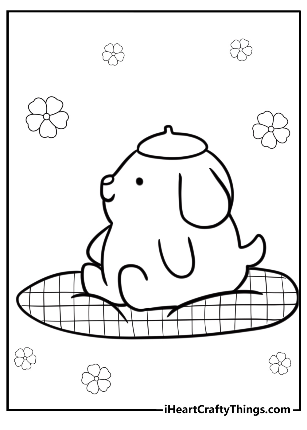 Pompompurin relaxing on a cushion printable coloring sheet