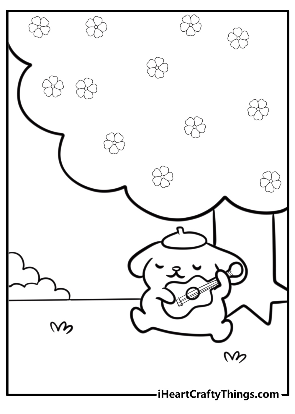 Pompompurin sitting under a tree free printable coloring page