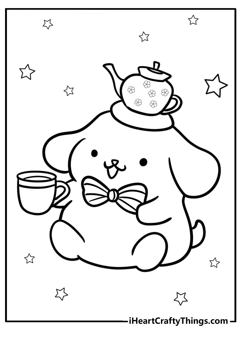 Pompompurin with a teacup and saucer fun coloring sheet