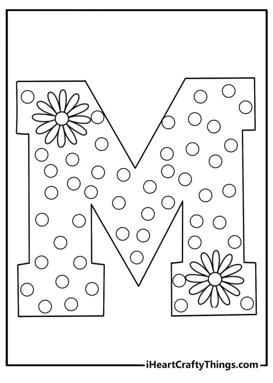 preppy varsity letter monogram framed with pearls and daisies detailed coloring page printable pdf