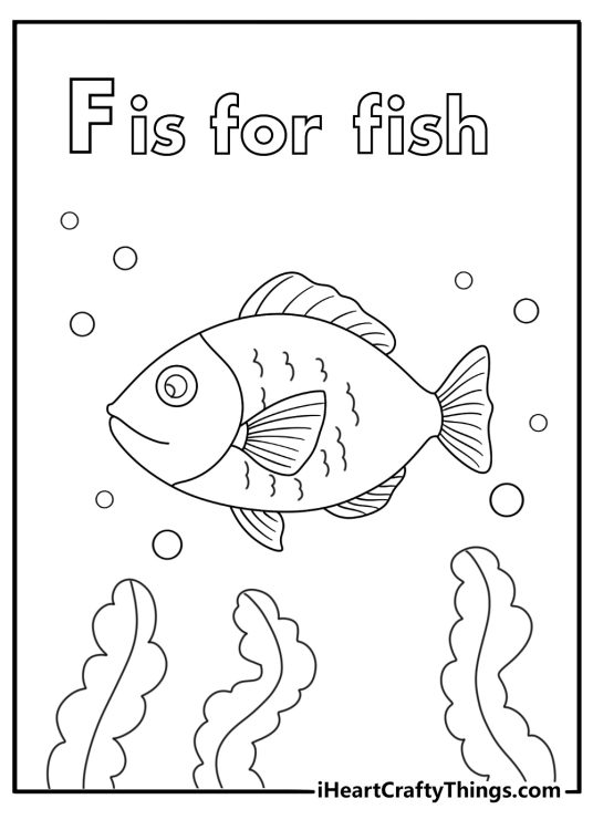 preschool letter f coloring page with a fish swimming through seaweed