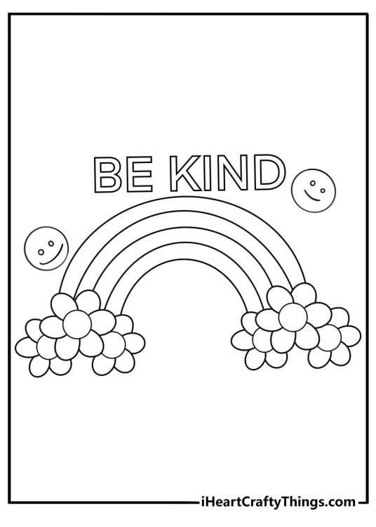 rainbow letter stickers saying be kind with smiley accents preppy coloring sheet for teens