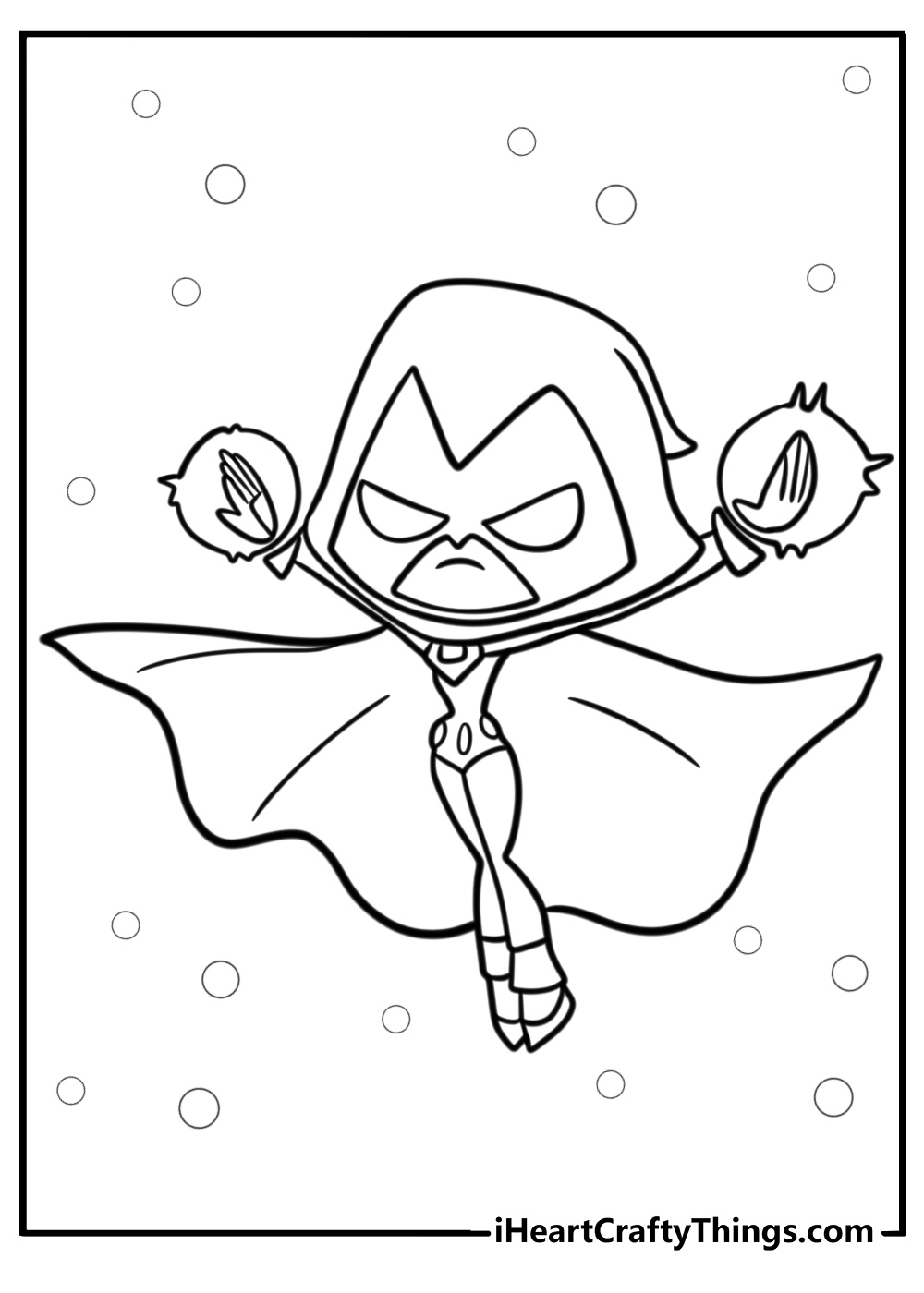 Raven floating with her magic coloring page for kids