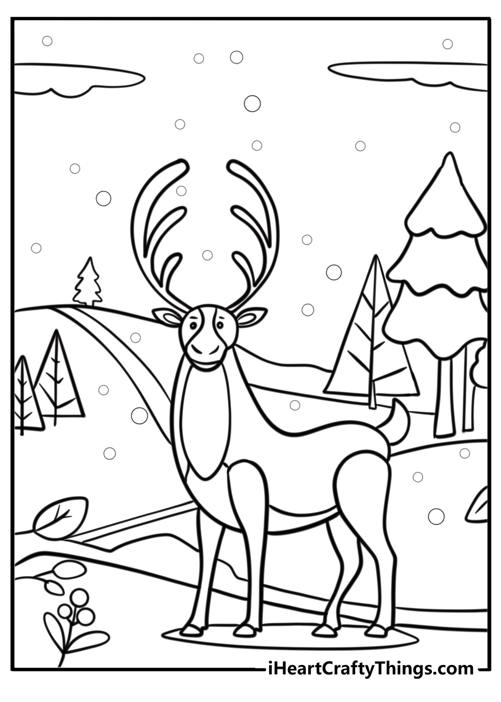 Reindeer walking through a snowy forest fun coloring sheet