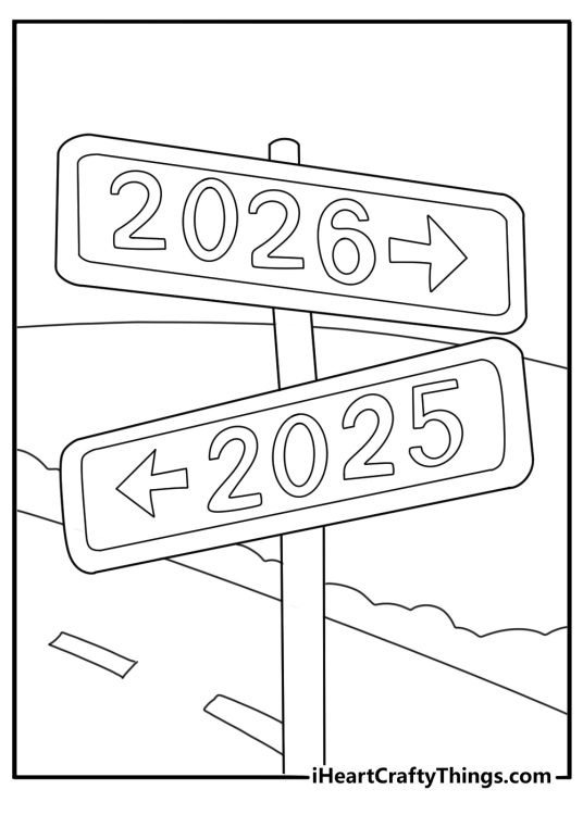 road sign reading route 2026 new year ahead concept simple coloring sheet printable pdf