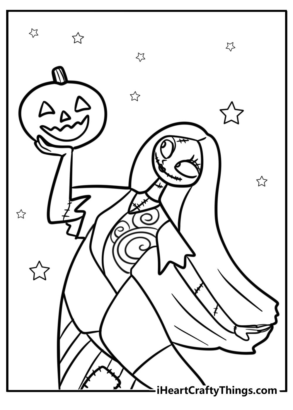 Sally holding a halloween pumpkin free coloring page pdf