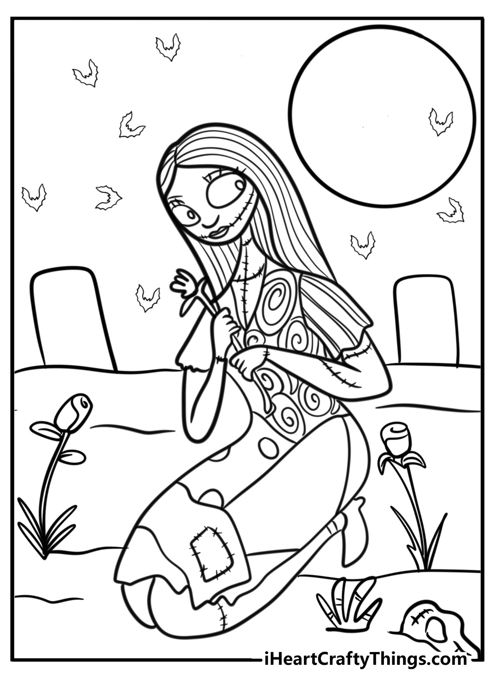 Sally in a spooky garden coloring page for kids