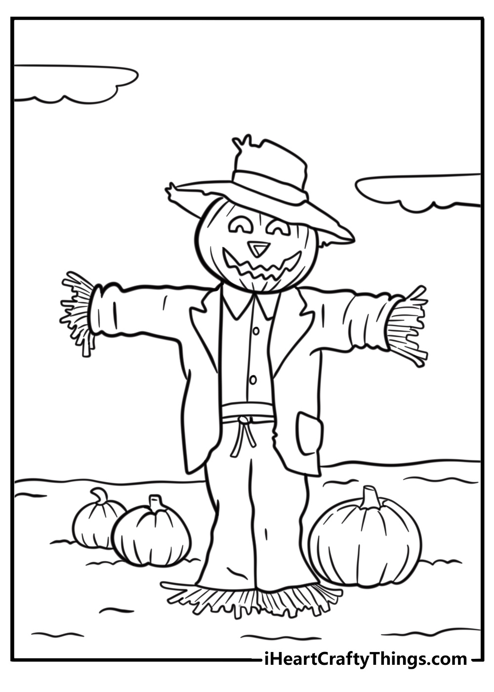 Scarecrow in a pumpkin patch free coloring page pdf