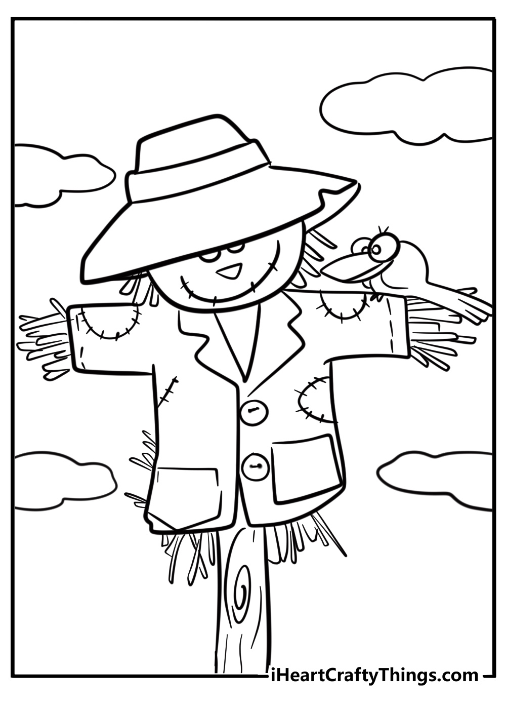 Scarecrow leaning on a wooden fence coloring page