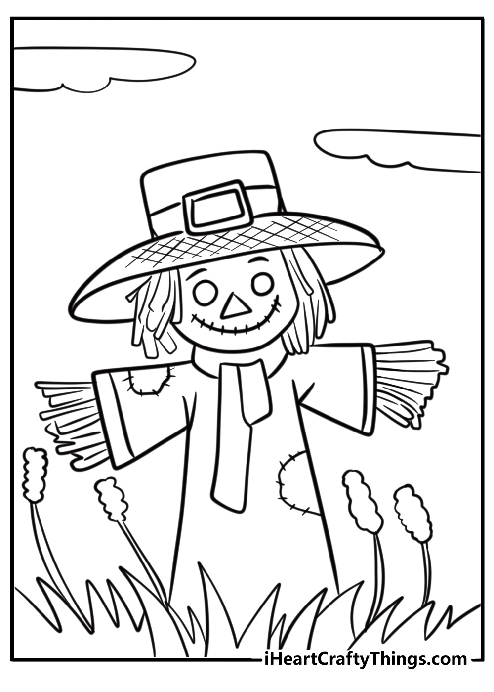 Scarecrow standing in a field coloring page for kids