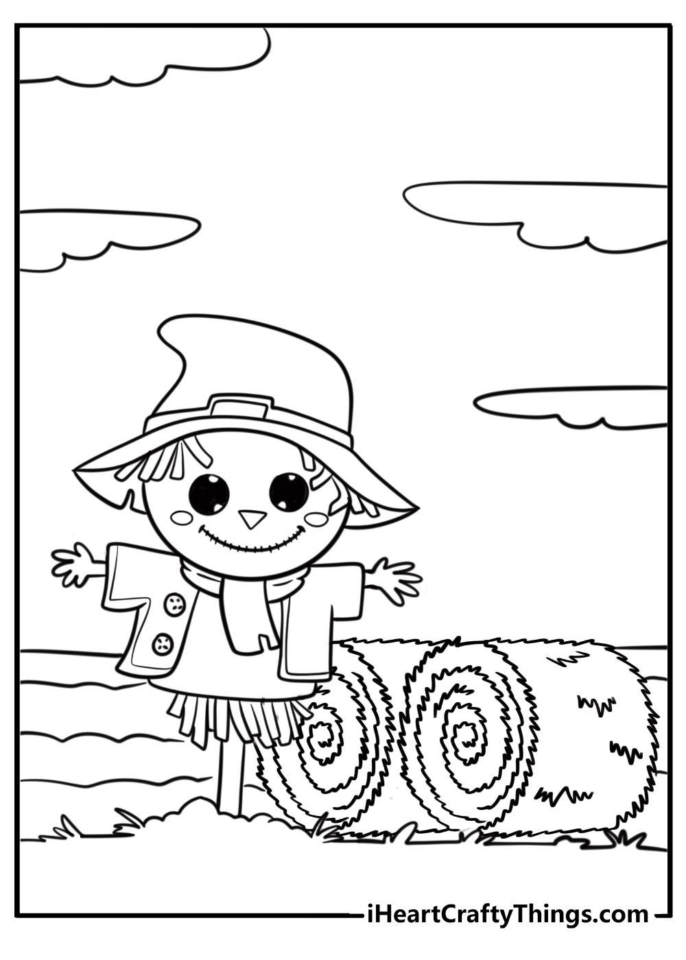 Scarecrow standing next to a haystack coloring sheet