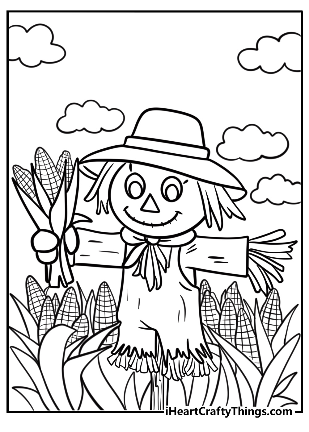 Scarecrow watching over a cornfield printable coloring page