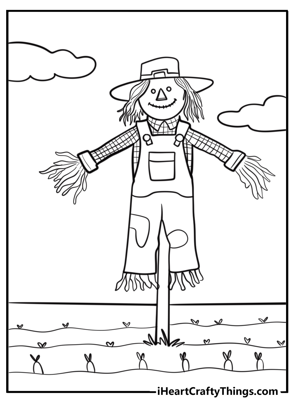 Scarecrow with a plaid shirt in the field printable coloring page